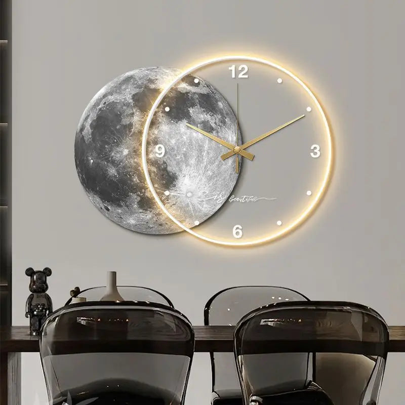 Large Dining Room Living Room Wall Clock Luxury Moon The Earth Modelling LED Light Silent Movement  Bedroom Wall Decoration Gift 