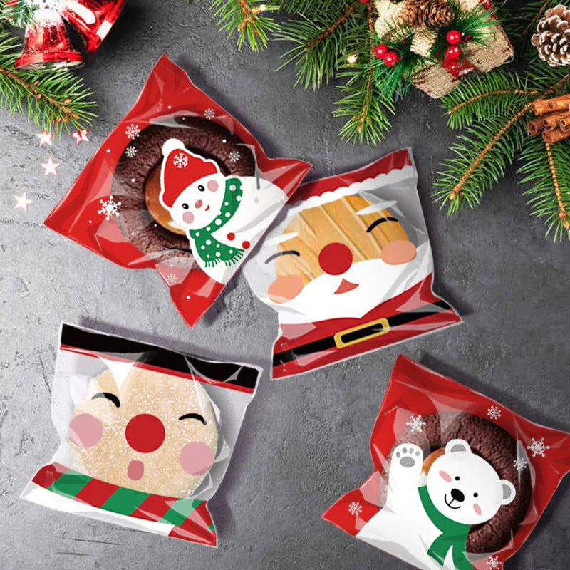 100pcs Christmas Gift Bag Self Adhesive Cookies Candy Wrapping Bag New Year Party Gift Snack Baking Plastic Bag Navidad 2023