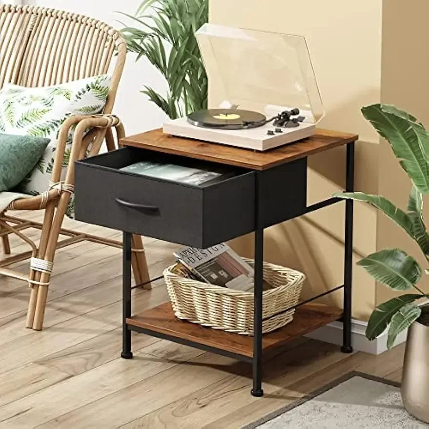 Nightstand Set of 2 - End Table with Fabric Storage Drawer and Open Wood Shelf, Steel Frame Bedside Furniture