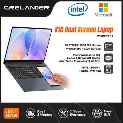 CRELANDER X15 Dual Screen Laptop – 15.6" IPS + 7" Touch Screen, 16GB DDR4, 2TB SSD, Intel N100 Processor, Windows 11 Notebook Computer 