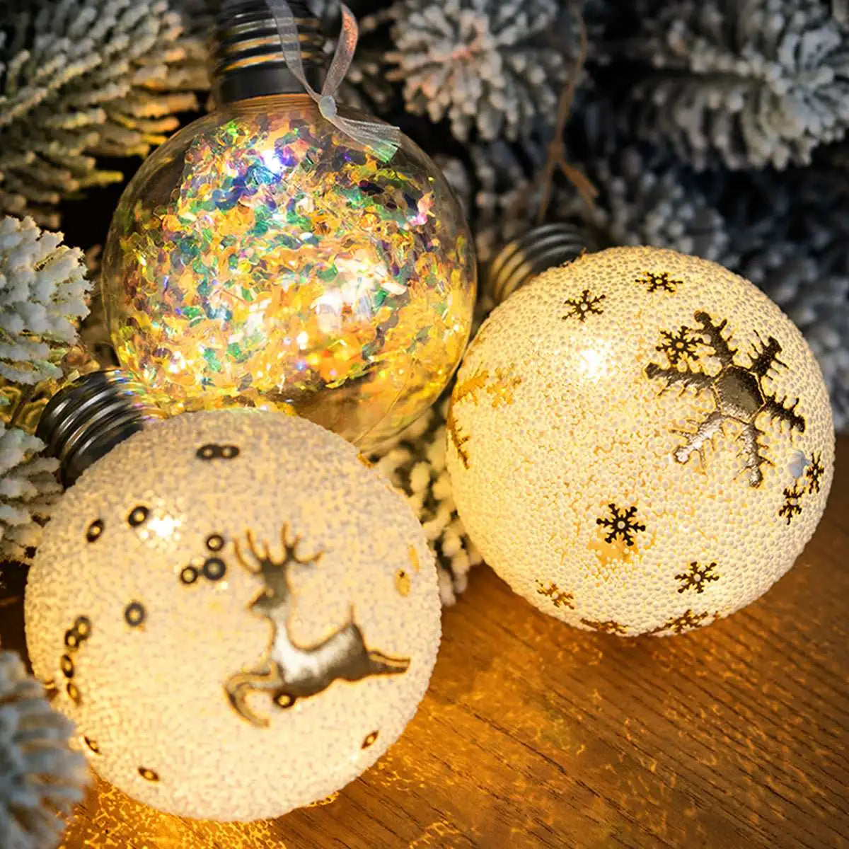 2023 LED Christmas Ball Lights Snowflake Elk Pattern Xmas Tree Hanging Pendant Ornaments Christmas Decorations for Home New Year