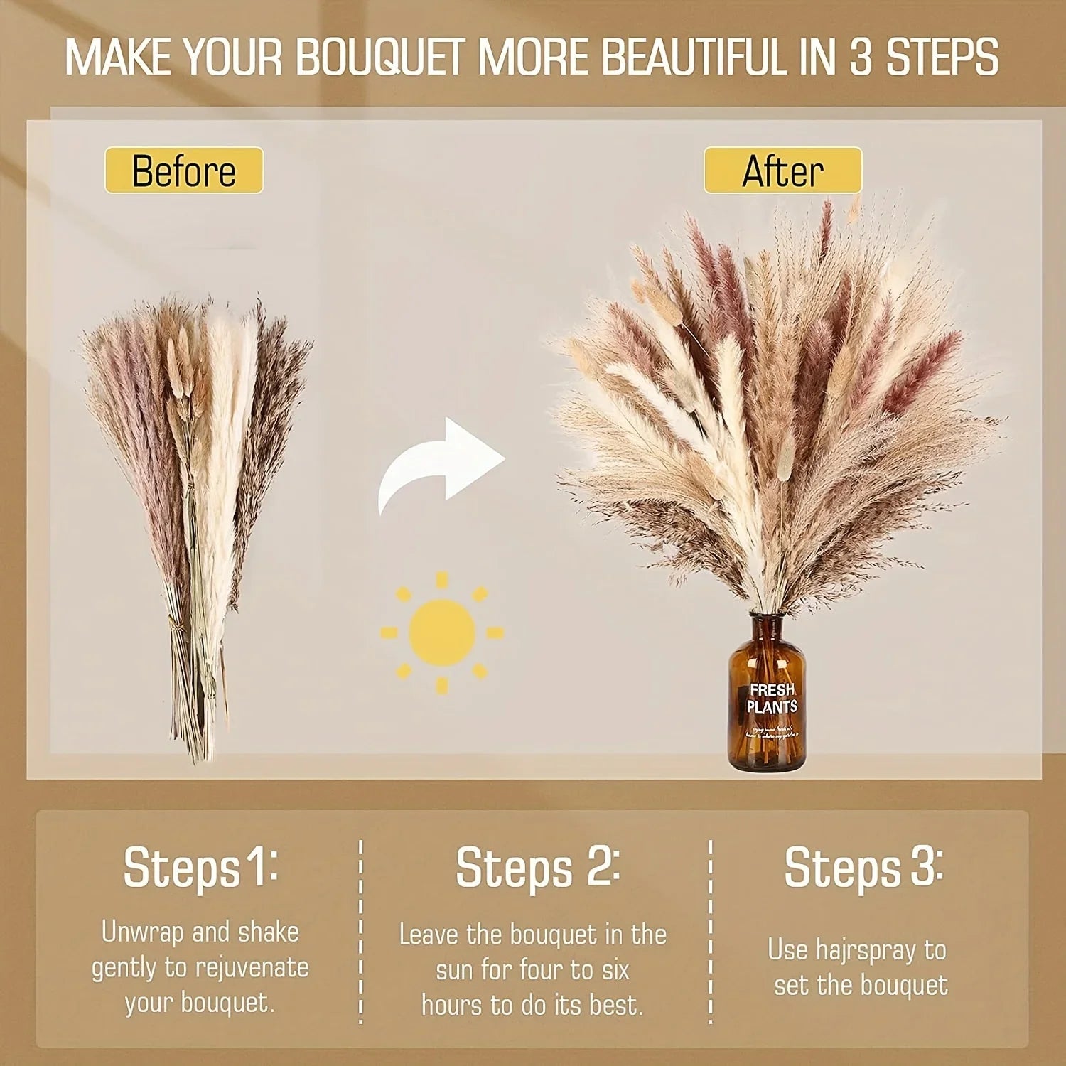 105pcs Natural Dried Flowers Pampas Floral Bouquet Boho Country Home Decoration Rabbit Tail Grass Reed Wedding Decor Arrangement 
