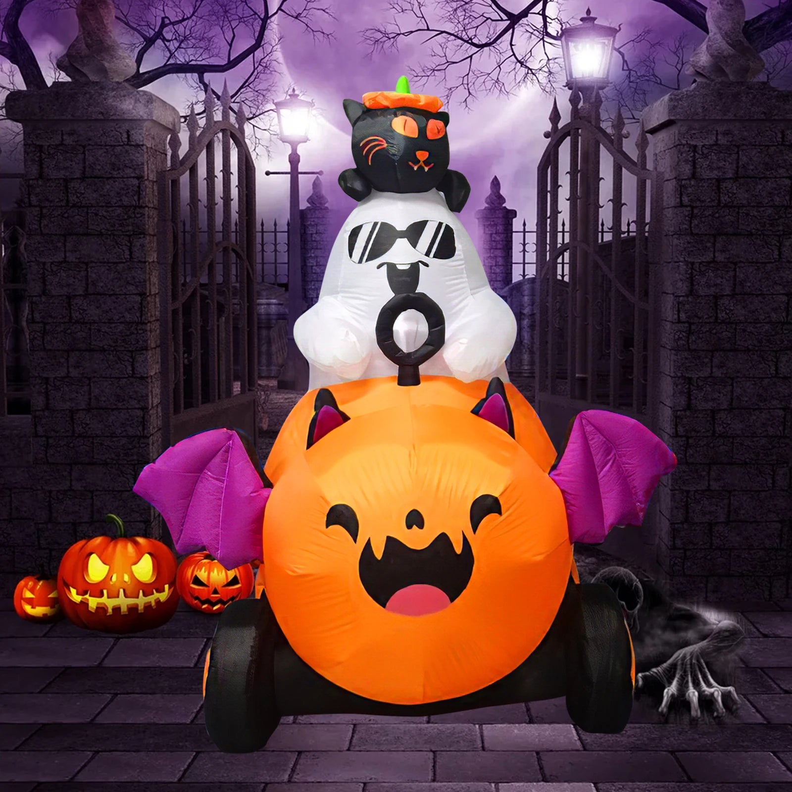 OurWarm 6 FT Height Halloween Inflatables Outdoor Ghost with Pumpkin Cart, Blow Up Yard Decoration with LED Lights Built-in