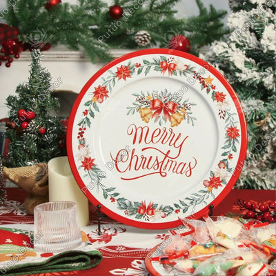 Putuo Decor Christmas Metal Charger Plates, Antique Art Decorative Plate Table Decoration for Family Party  New Year 13x13 Inch 