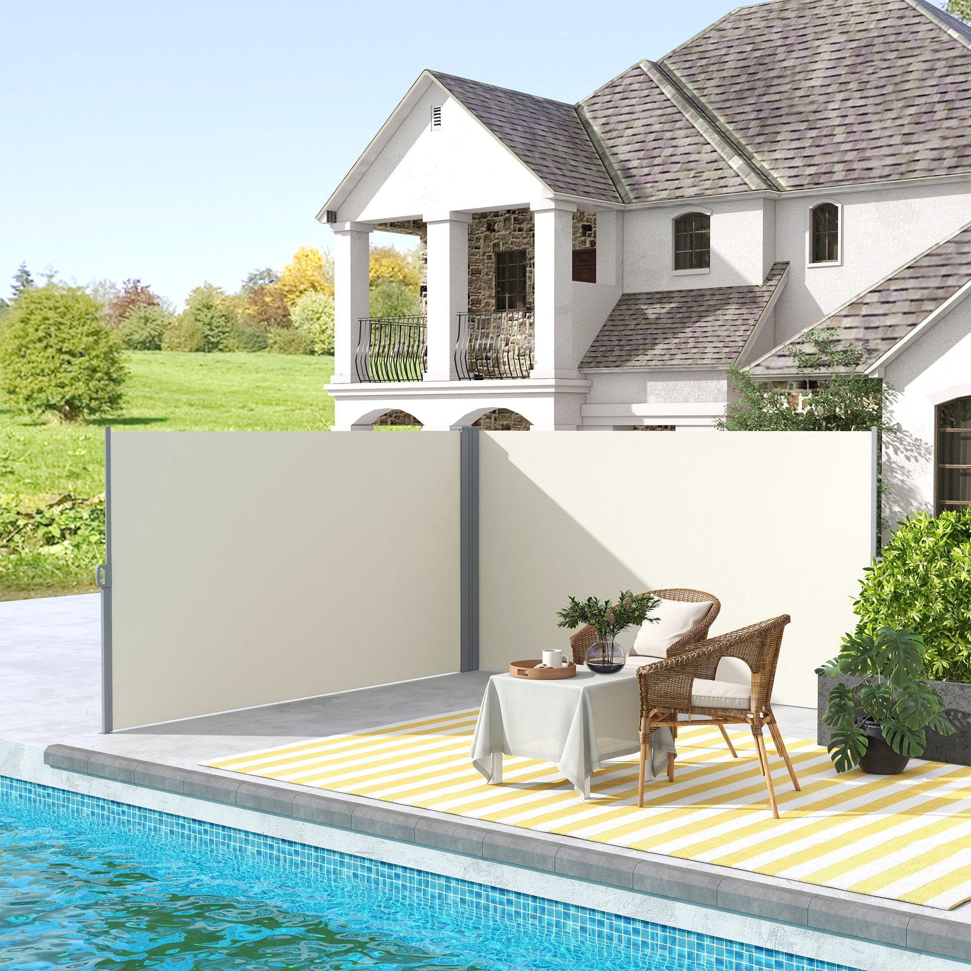Outsunny Outdoor Privacy Screen 236" x 63" Double Side Retractable Awning for Patio Garden Balcony Backyard Cream White 