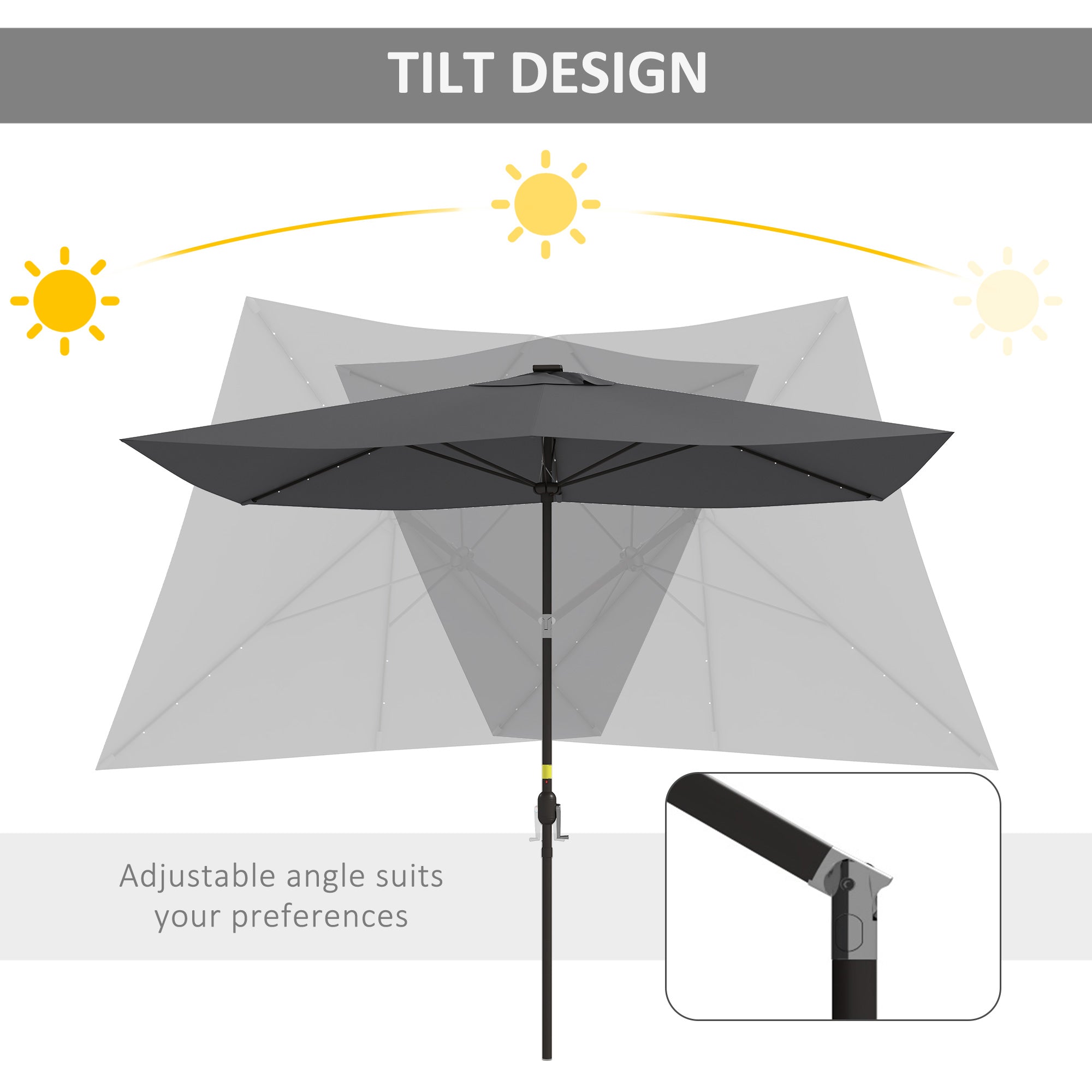 Outsunny 6.5x10ft Patio Umbrella Tilt Aluminum Outdoor Market Parasol with Solar Powered LEDs, Crank - Dark Grey 