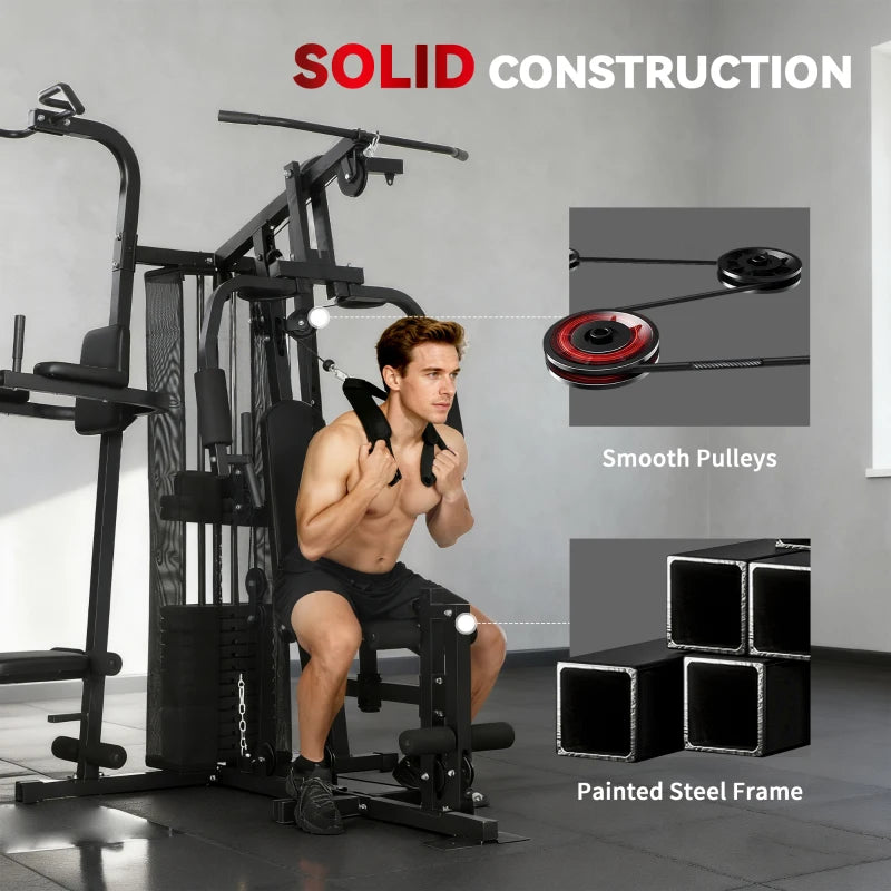 All-in-One Multi-Station Home Gym Workout Machine with Weight Stack, Pulley System & Adjustable Bench – Black