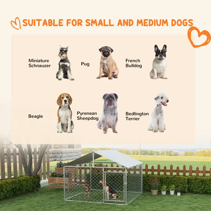 6.6' x 6.6' x 4.9' Outdoor Dog Kennel Heavy Duty Galvanized Steel Chain Link with UV-resistant Roof, Silver