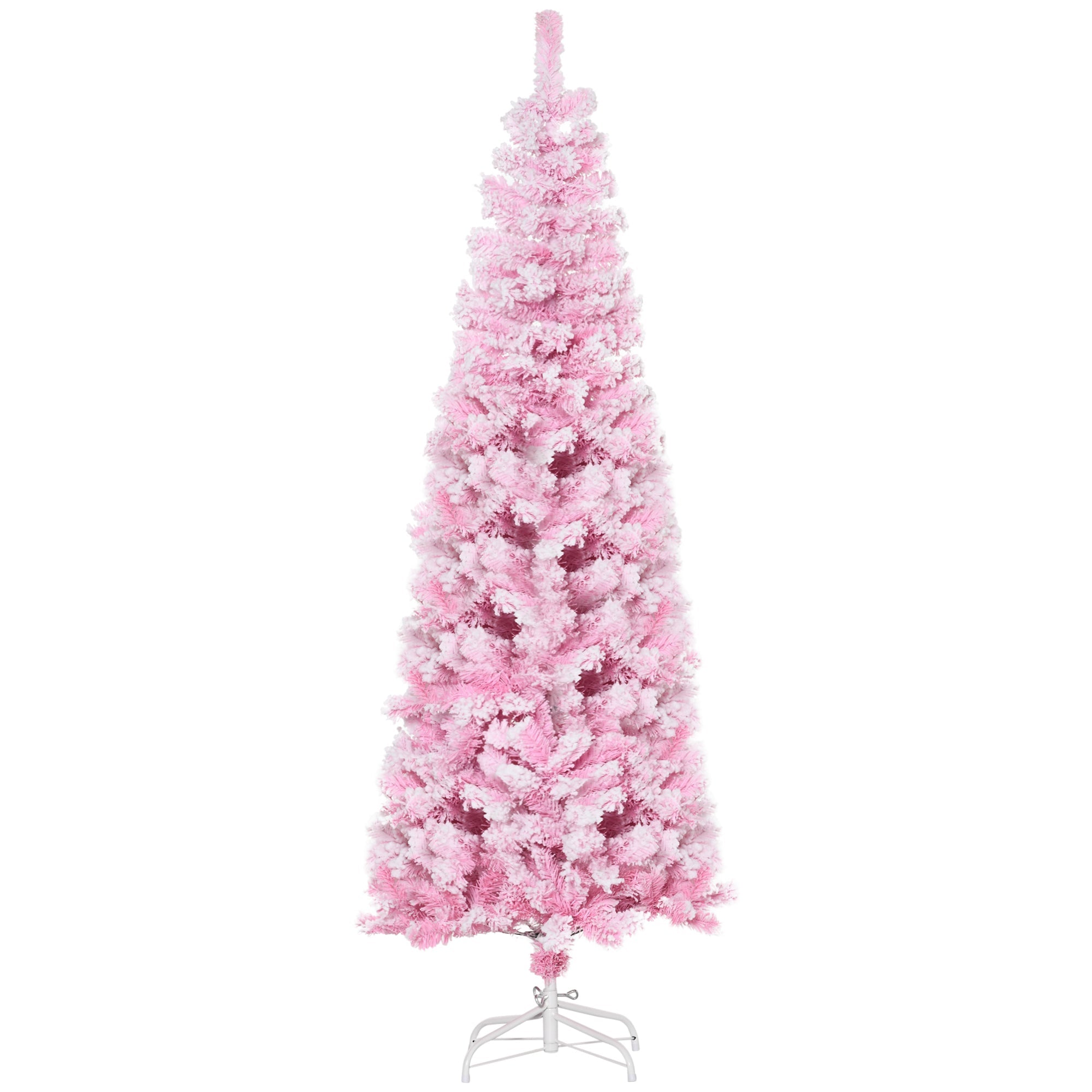 HOMCOM 6 Foot Snow Flocked Artificial Christmas Tree Pencil Xmas Tree with 520 Realistic Branches, Auto Open and Steel Base, Pink 