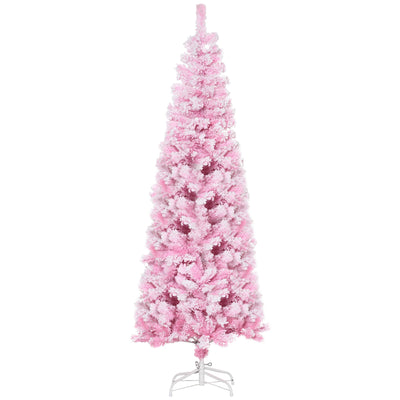 HOMCOM 6 Foot Snow Flocked Artificial Christmas Tree Pencil Xmas Tree with 520 Realistic Branches, Auto Open and Steel Base, Pink 