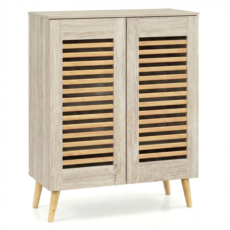 Shoe Cabinet with Louvered Doors and Removable Shelves-Natural