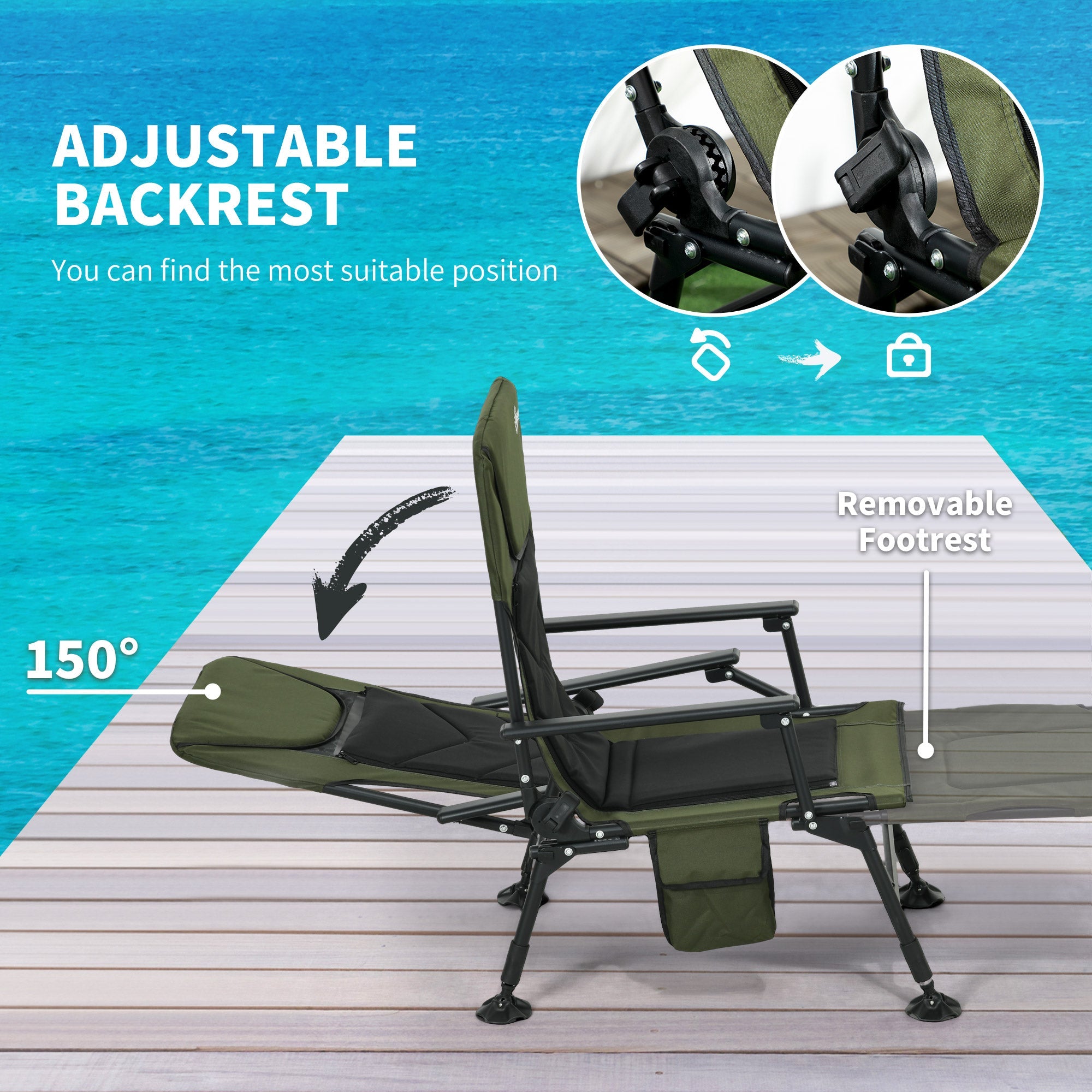 Outsunny Fishing Chair Heavy Duty 330lb Capacity Reclining Backrest Footrest Adjustable Legs Dark Green Color 