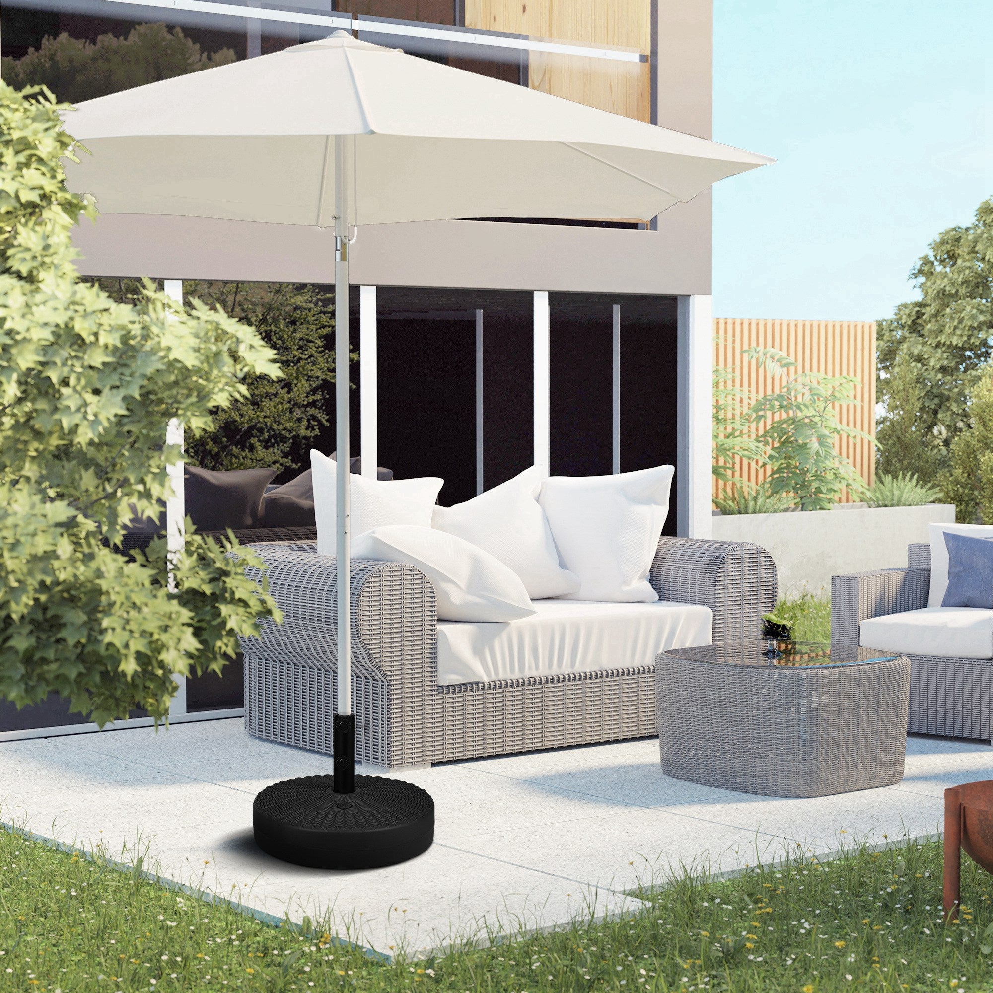 Outsunny Sturdy Stability: Round Umbrella Base Heavy Duty Fillable Stand for Patio Outdoor Steel Pole Holder, Black Finish 