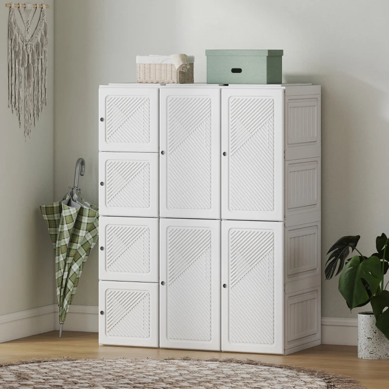 Portable Wardrobe, Foldable Plastic Closet with 8 Compartments, 2 Hanging Rods and Magnetic Doors, White