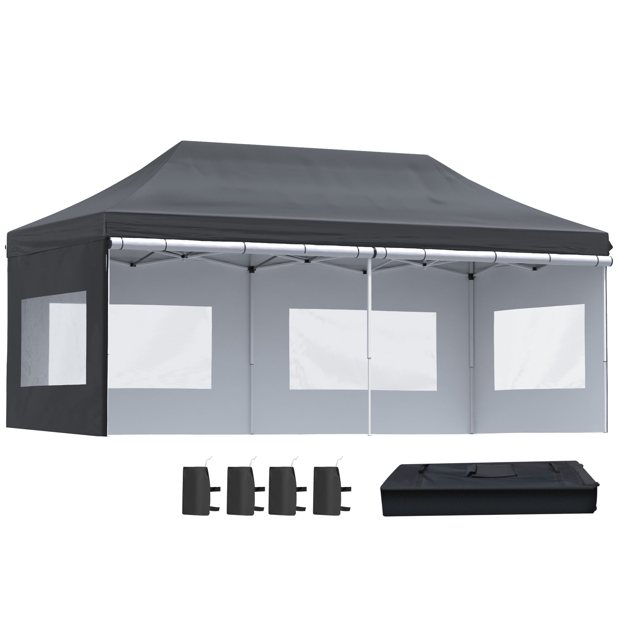 Outsunny 20'x10' Pop Up Canopy Tent Folding Instant Shelter Gazebo Removable Sidewalls Windows Sand Weights Bags 