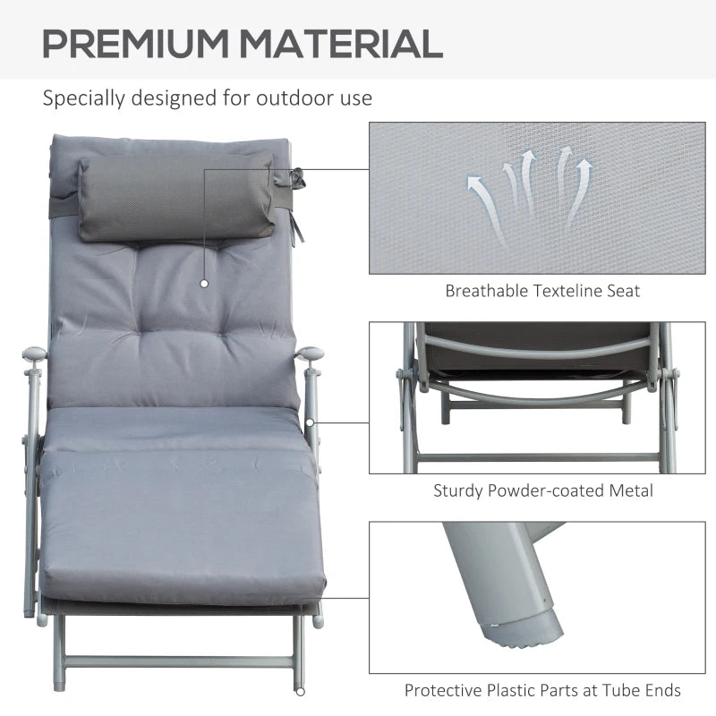 Outdoor Folding Chaise Lounge Chair Recliner with Portable Design, Adjustable Backrest, Cushion and Headrest, Grey