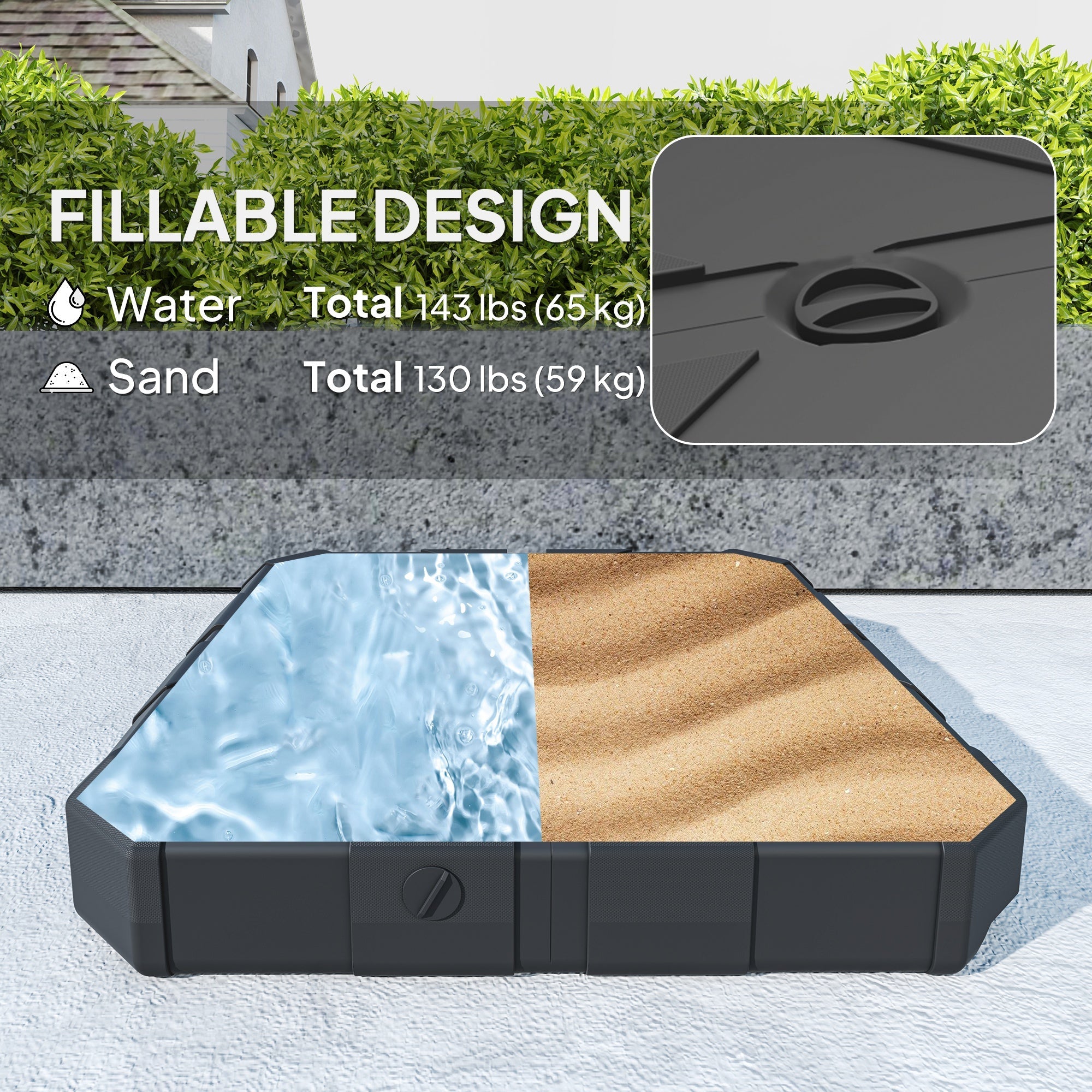 Outsunny Square Patio Umbrella Base Weight, Heavy Duty Cantilever Offset Umbrella Base, Filled Up to 143lbs with Stand or 130lbs with Water for Garden Poolside, Black 