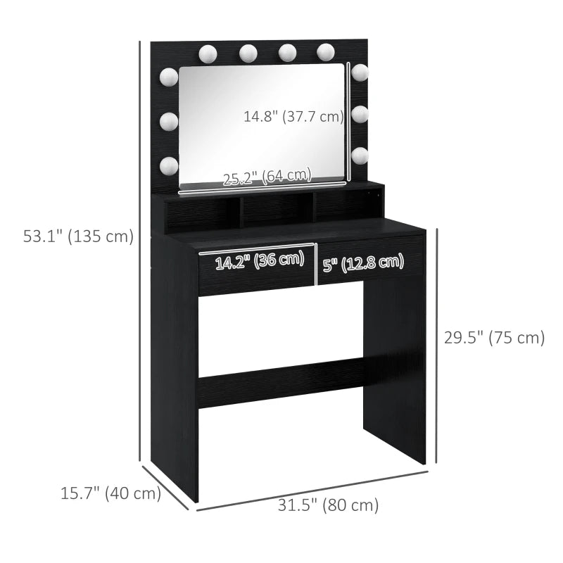 Vanity Table, Makeup Dressing Table with LED Lighting Mirror, Drawers, for Bedroom, Black