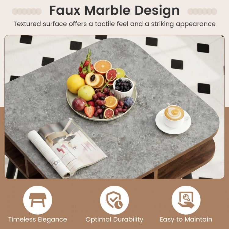 Side Table Faux Marble End Table with Storage Shelves and Rubber Wood Legs-Walnut