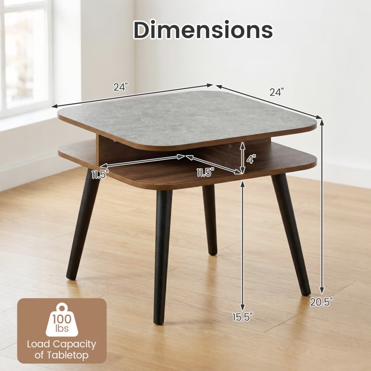 Side Table Faux Marble End Table with Storage Shelves and Rubber Wood Legs-Walnut