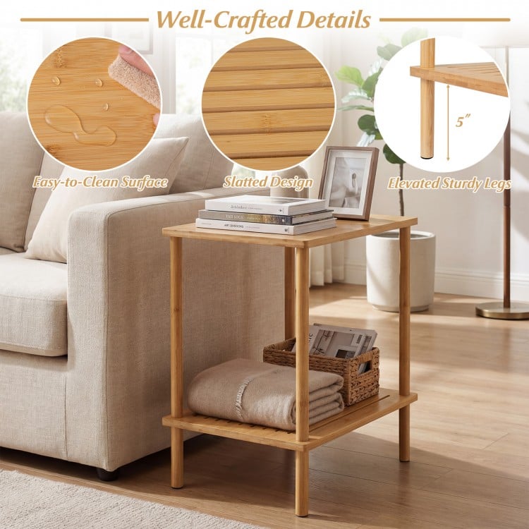 Side Table Set of 2 2-Tier Bamboo End Table with Storage Shelves Rectangular Tea Sofa Table-Natural