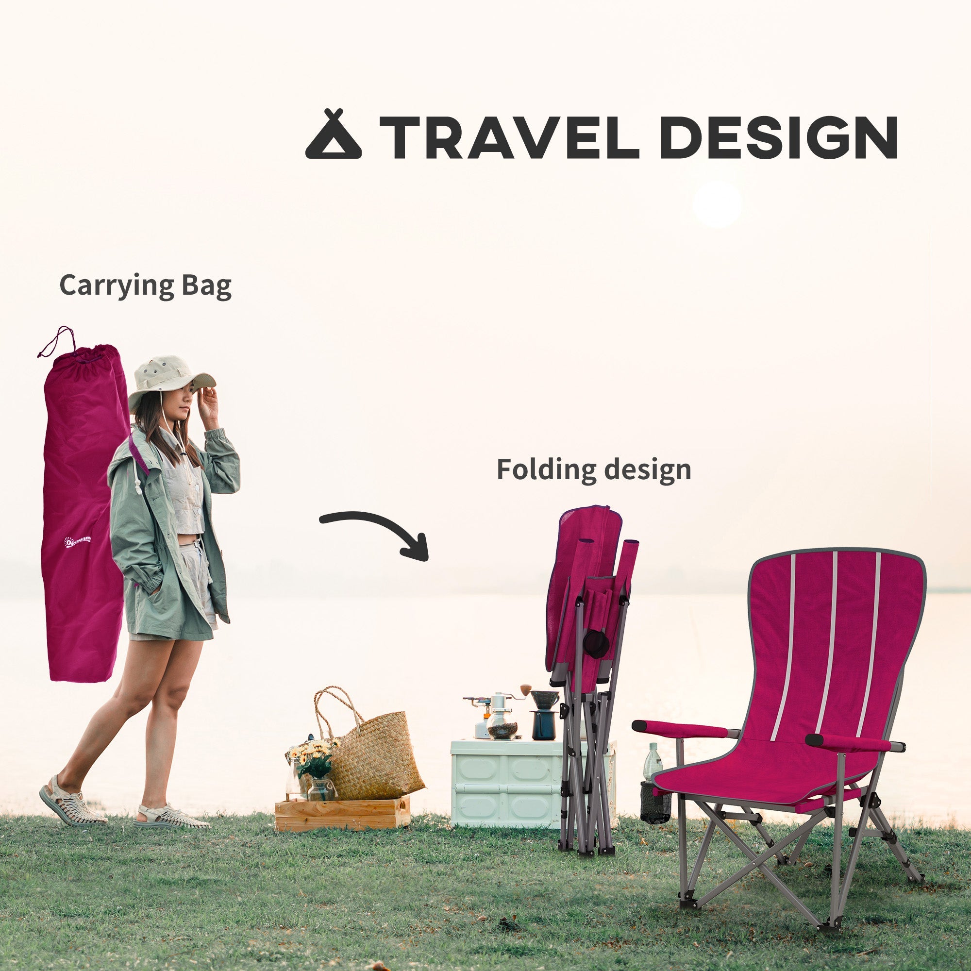 Outsunny Portable Folding Chair for Camping, Compact Beach Chair with Storage Pocket & Cup Holder for Picnic, Hiking 