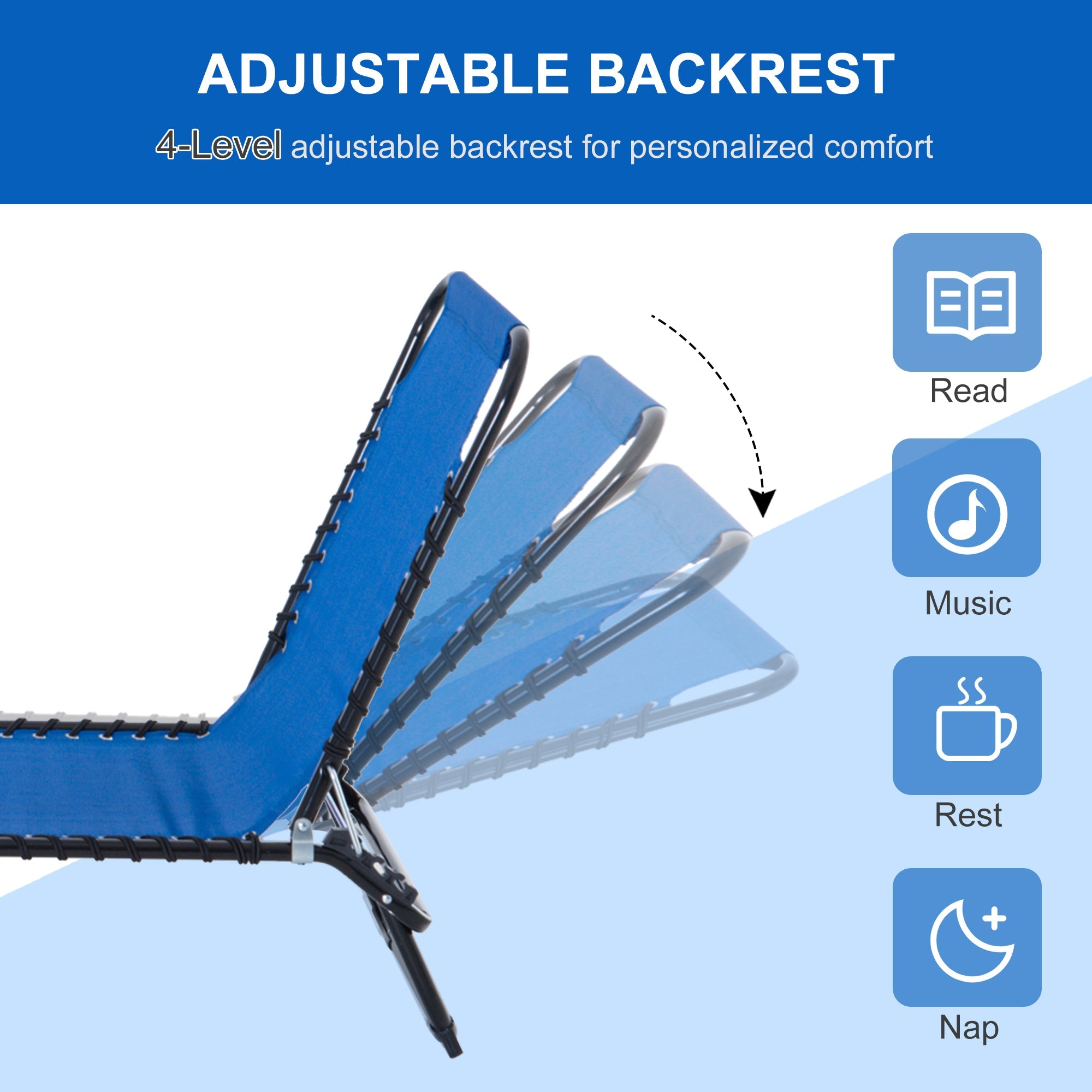 Outsunny Adjustable Folding Beach Bed 4-Level Reclining Lounger Lightweight Portable Outdoor Navy Blue 