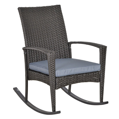Outsunny Outdoor PE Rattan Rocking Chair, Garden Glider Rocking Chair, Wicker Patio Chair Set with Armrest and Cushion, Grey 