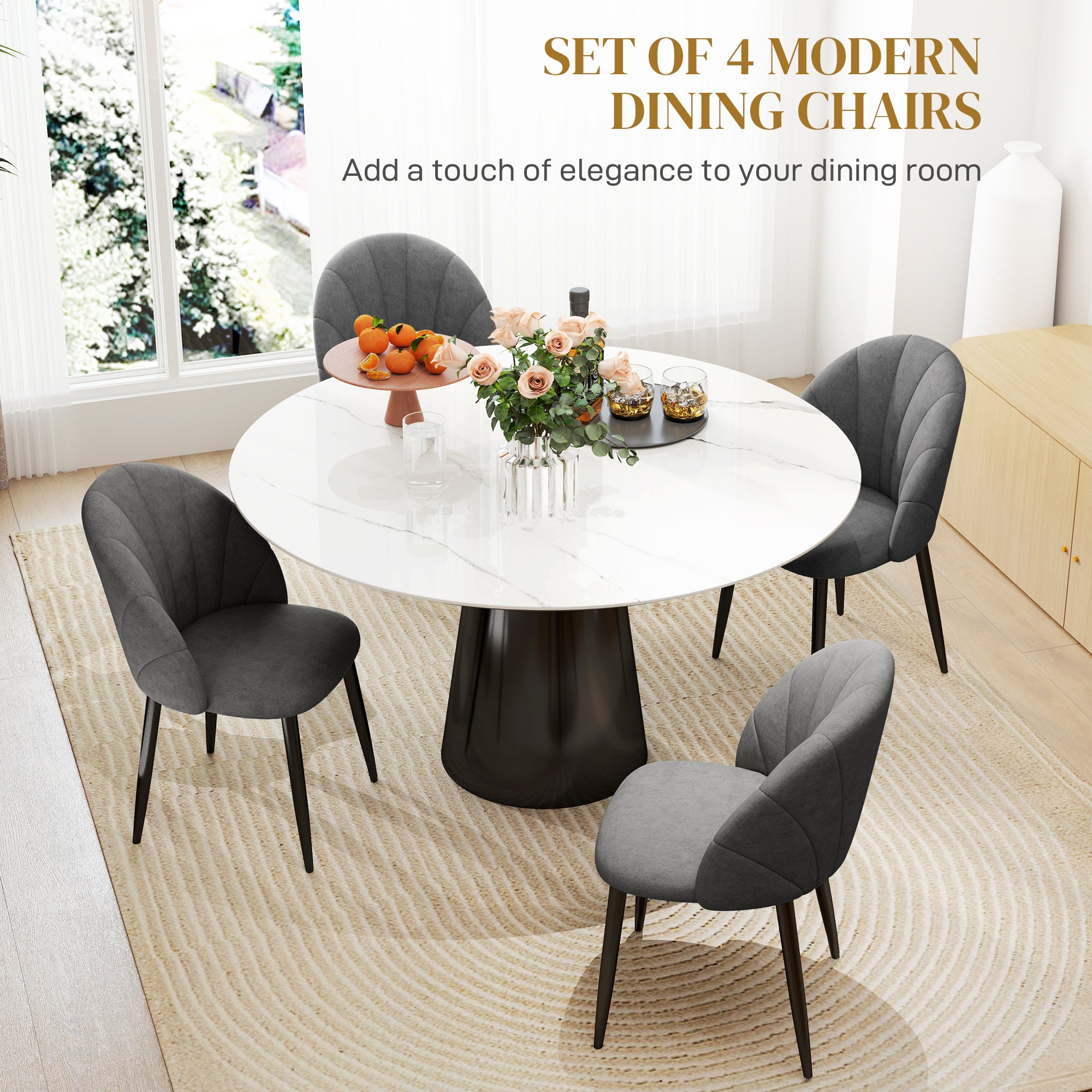 HOMCOM Modern Dining Chairs Set of 4, Upholstered Dining Room Chairs with Metal Legs, Shell Backrest, Padded Seat, Dark Grey 