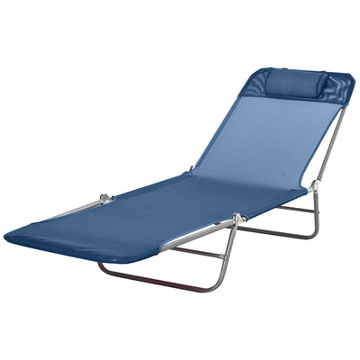 Outsunny Outdoor Lounge Chair, Portable Adjustable Reclining Seat Folding Chaise Lounge Patio Camping Beach Tanning Chair Bed with Pillow, Dark Blue 