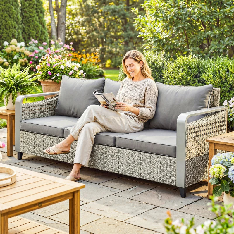Rattan Wicker Sofa 3-Seater Outdoor Couch with Cushions for Patio Garden Grey