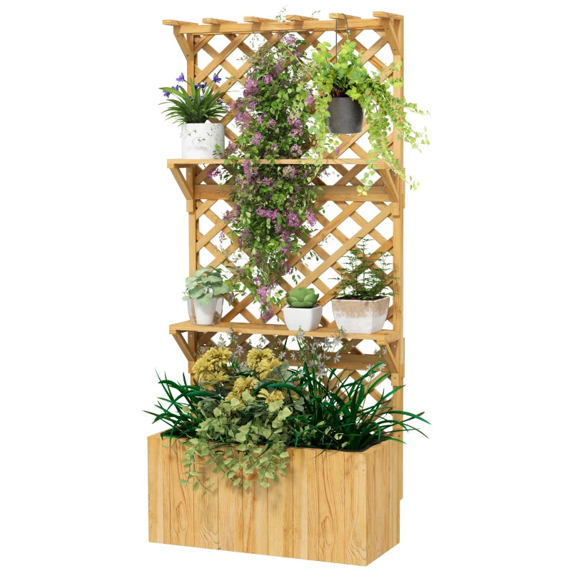 Raised Garden Bed, Wooden Planter with Trellis, Hanging Roof, Plant Shelf, Drainage Holes and Bed Liner, Nature Wood