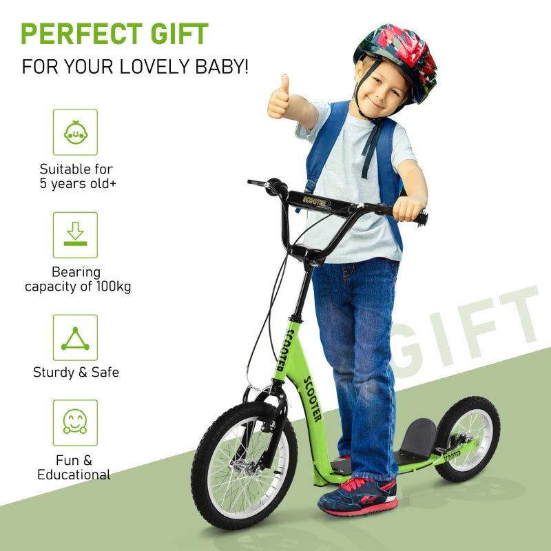 Aosom Kids Scooter with Adjustable Handlebar, Youth Kick Scooter with Dual Brakes, Inflatable Wheels, for Age 5+, Green