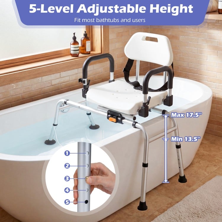 Sliding Shower Chair with Backrest and Swivel Seat for Handicap and Seniors-Silver