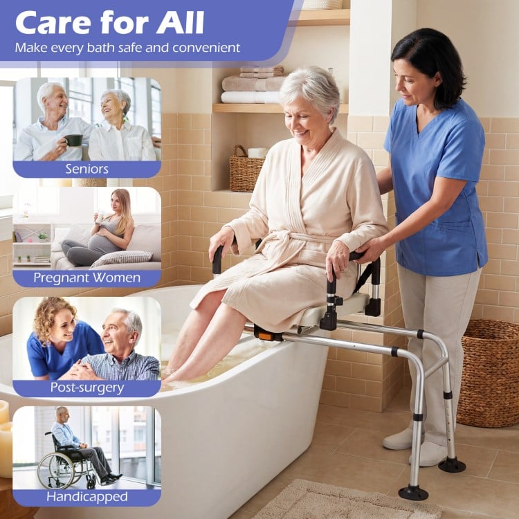 Sliding Shower Chair with Backrest and Swivel Seat for Handicap and Seniors-Silver