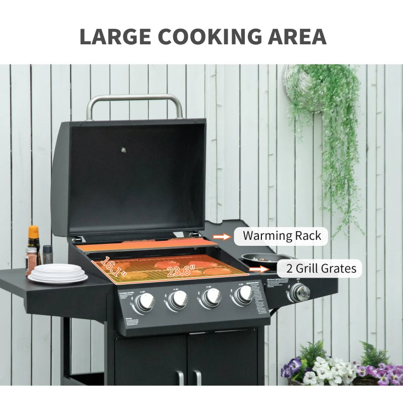 Outsunny 4+1 Burner Liquid Propane Gas Grill, Outdoor Portable BBQ Grill with Side Burner, Warming Rack, Side Shelf