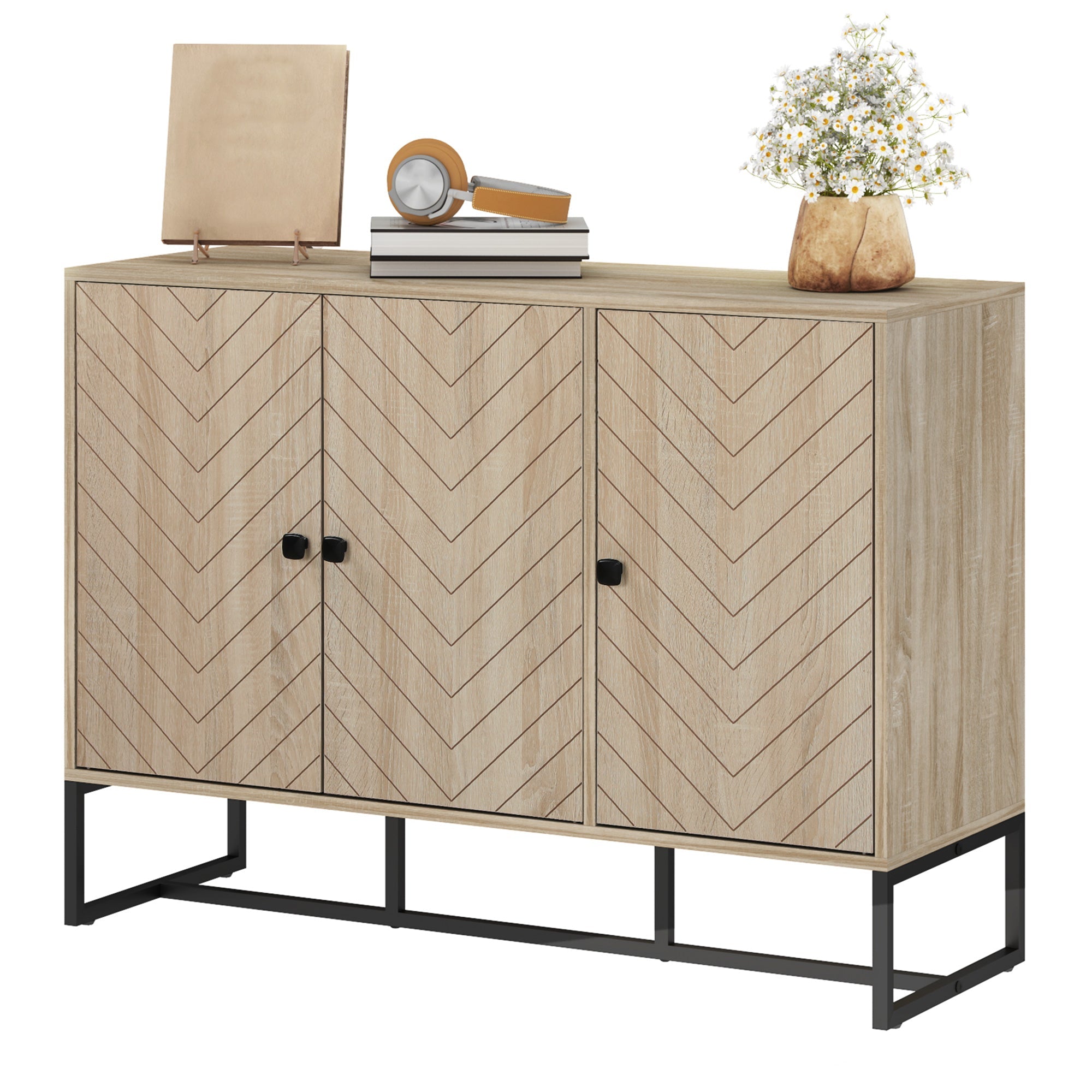 HOMCOM Modern Sideboard, Buffet Cabinet with Adjustable Shelves, 3 Chevron Doors for Living Room, Hallway, Oak Wood Grain 