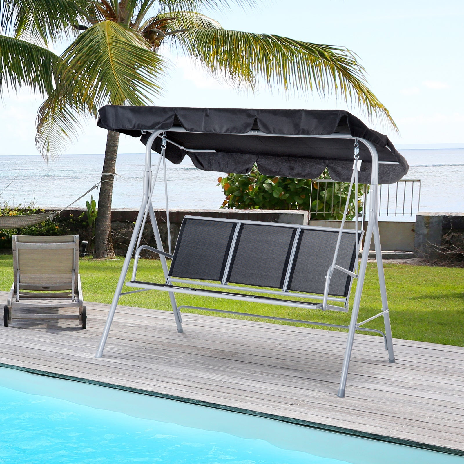 Outsunny A Frame 3 Seater Swing Chair Outdoor Garden Hammock Porch Glider Bed with Canopy Cover Black 