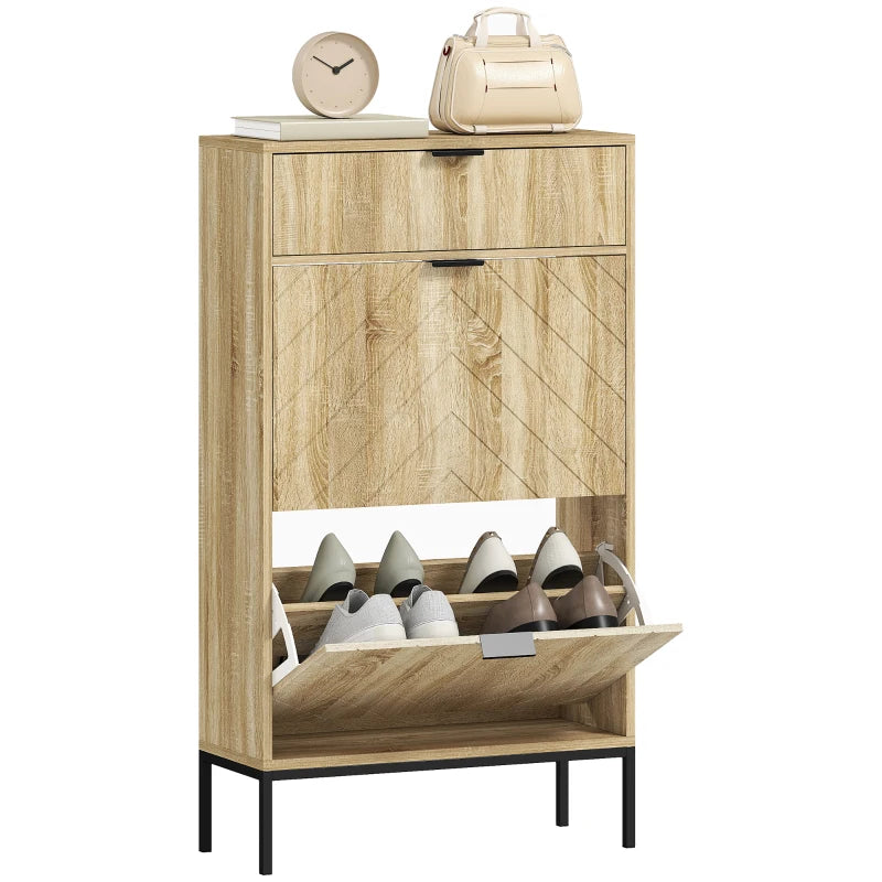 Narrow Shoe Storage Cabinet with Flip Drawers, Shoe Cabinet with Adjustable Shelves, Sliding Drawer, Holds 8 Pairs, Oak