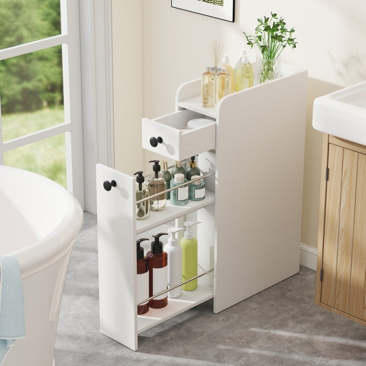 Small Bathroom Storage Cabinet 4-Tier with Slide Out Drawers on Casters-White