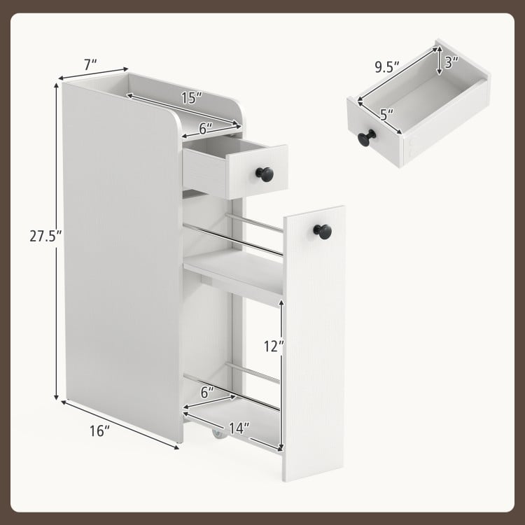 Small Bathroom Storage Cabinet 4-Tier with Slide Out Drawers on Casters-White
