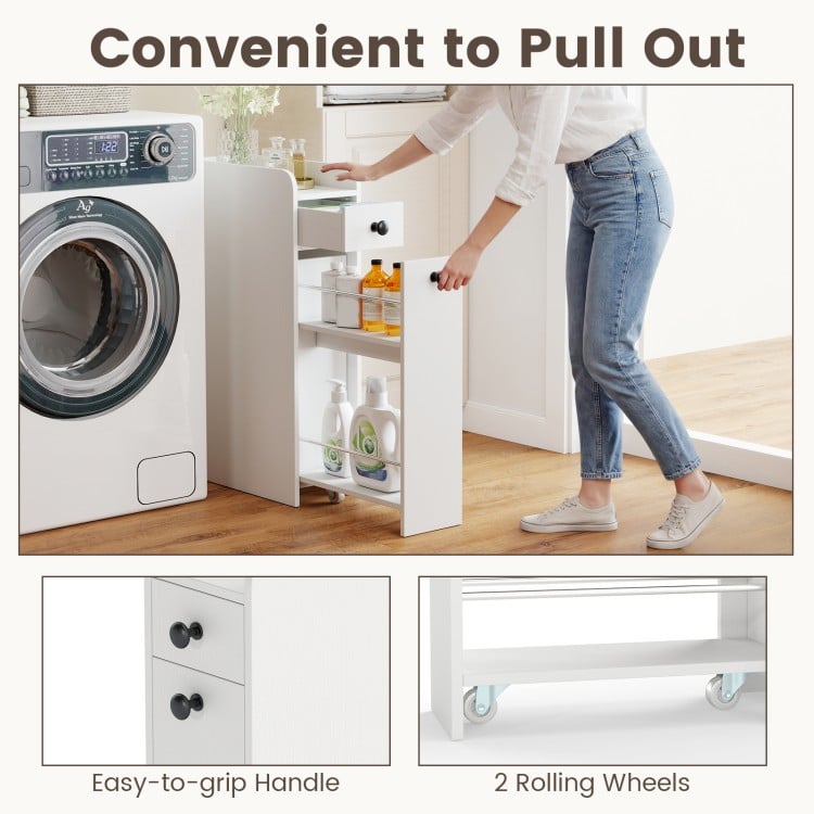 Small Bathroom Storage Cabinet 4-Tier with Slide Out Drawers on Casters-White