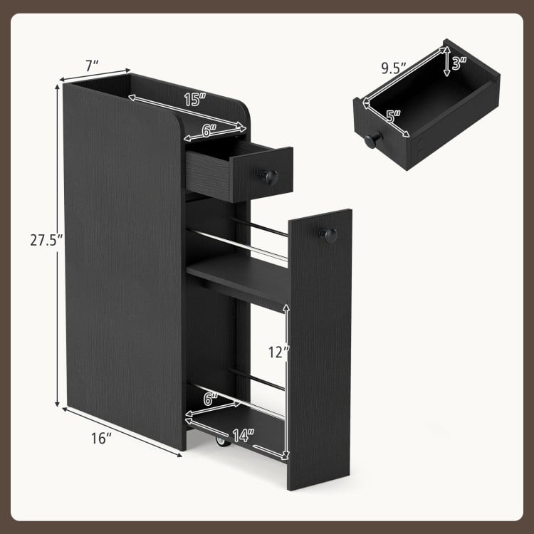 Small Bathroom Storage Cabinet 4-Tier with Slide Out Drawers on Casters-Black