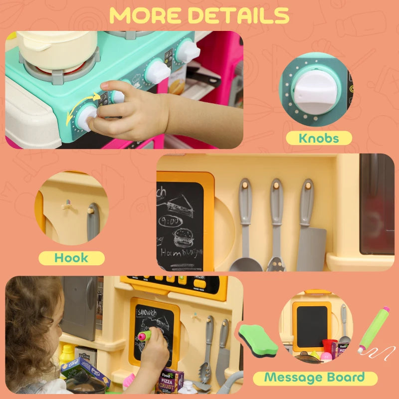 Qaba Play Kitchen Set, Kids Kitchen Playset with Real Lights and Sounds, Sink, Stove, Clock, Accessories, Pink
