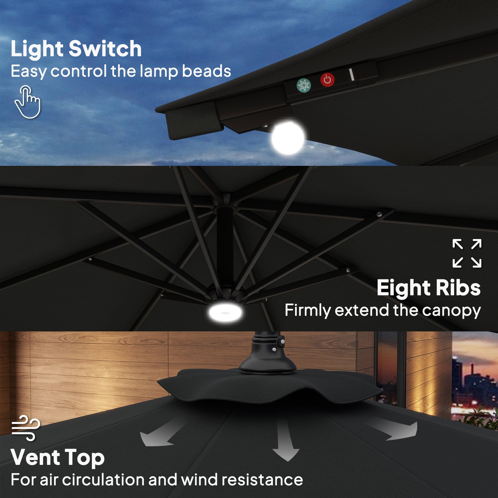 Outsunny 8.8FT Cantilever Patio Umbrella with Solar Powered LED Lights, Crank Handle, Cross Base for Outdoor Sun Shade, Grey 