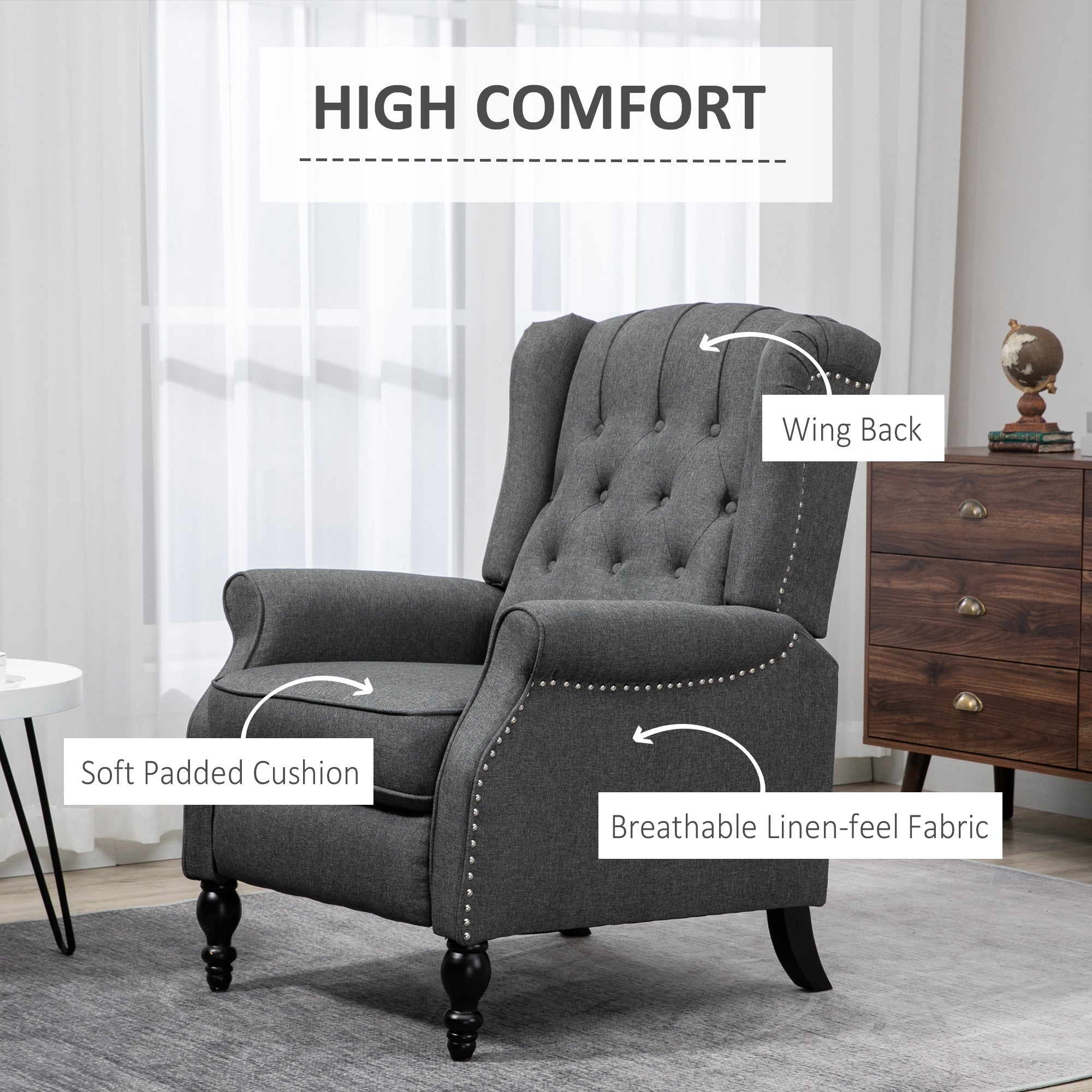 HOMCOM Manual Reclining Sofa, Fabric Push Back Recliner Chair with Button Tufted Backrest, Nail Head Trim, Armrest, Dark Gray 