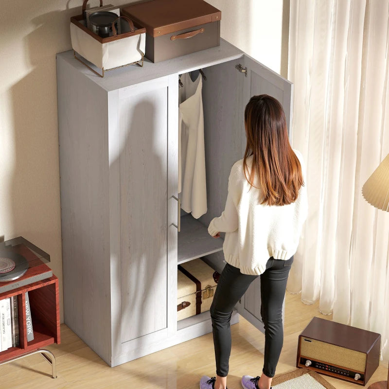 Wardrobe Cabinet with 2 Doors and Hanging Rod, Modern Armoire Wardrobe Closet for Bedroom, White Wood Effect