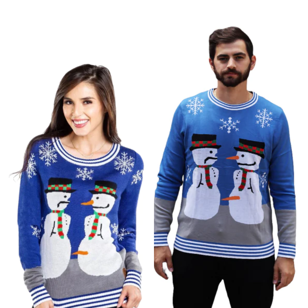 Couple - Snowman Nose Thief Blue Christmas Sweater 
