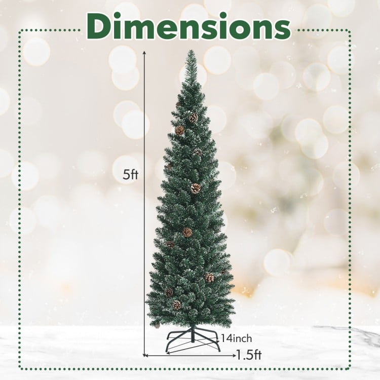 Snowy Artificial Pencil Christmas Tree with Pine Cones-5 ft