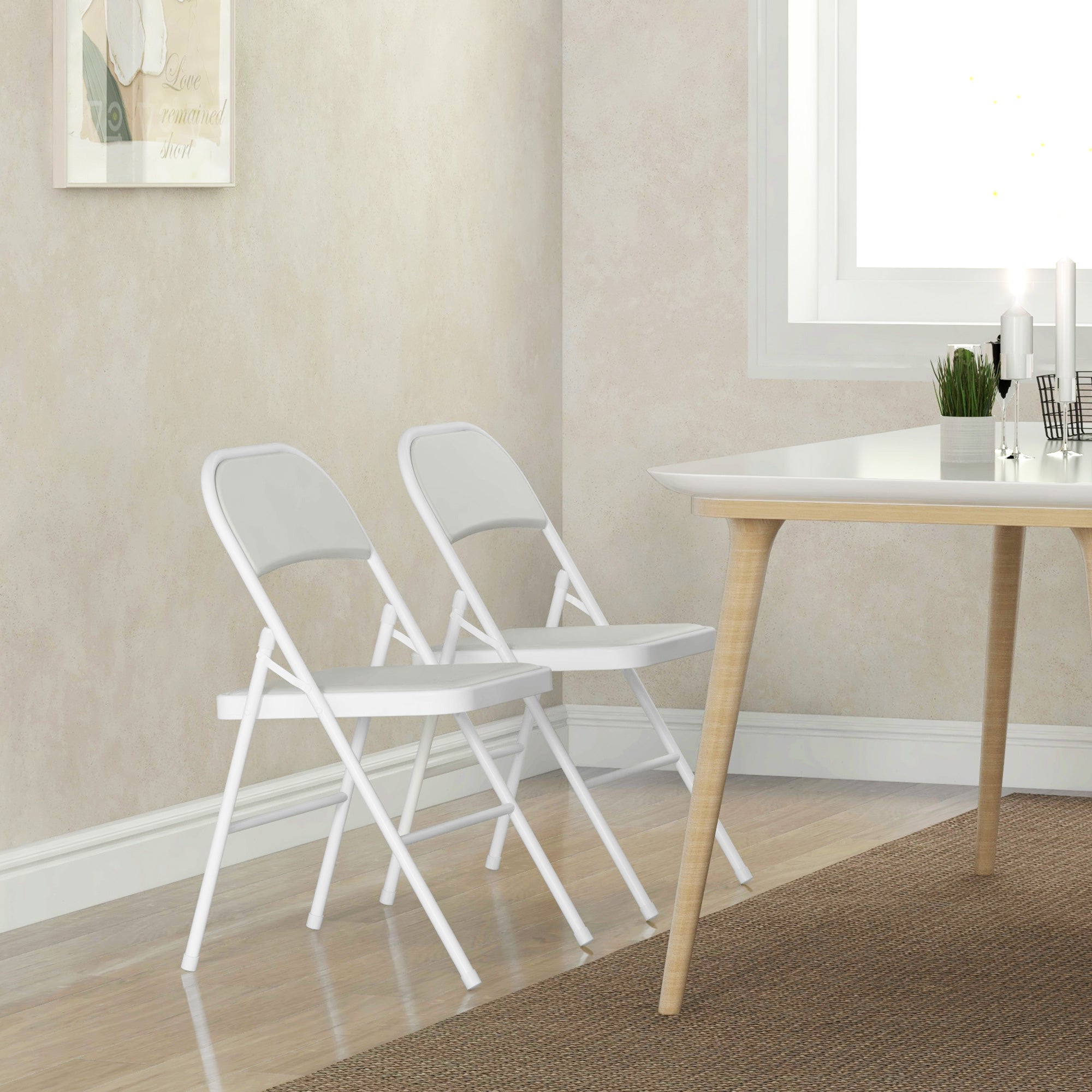 HOMCOM Set of 2 Metal Foldable Chairs, PU Leather Padded Folding Chairs with Cushion Seat and Open Back for Indoor, White 